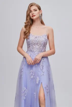 Lilac Appliques Lace-Up A-Line Long Prom Dresses with Slit