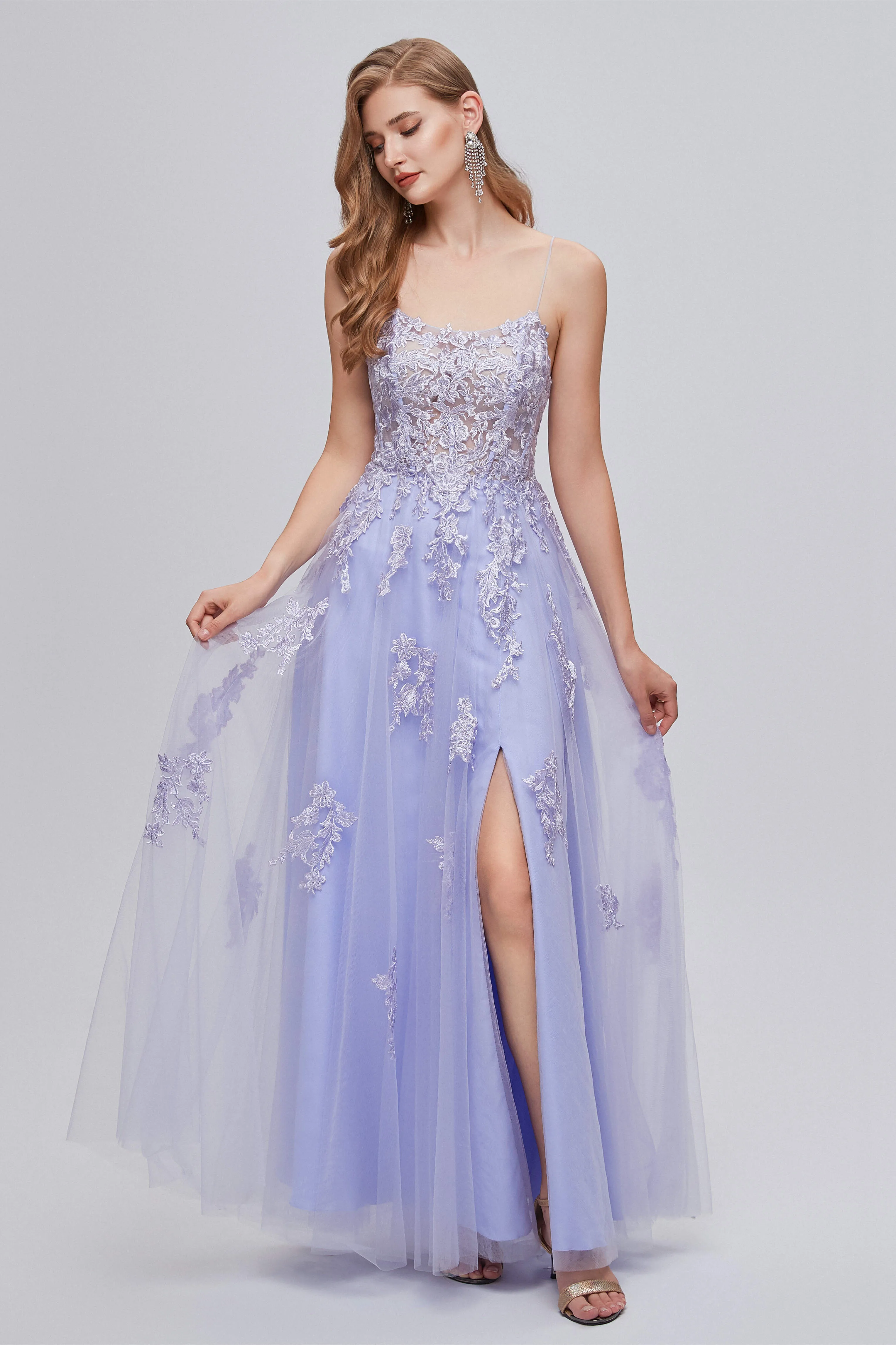 Lilac Appliques Lace-Up A-Line Long Prom Dresses with Slit