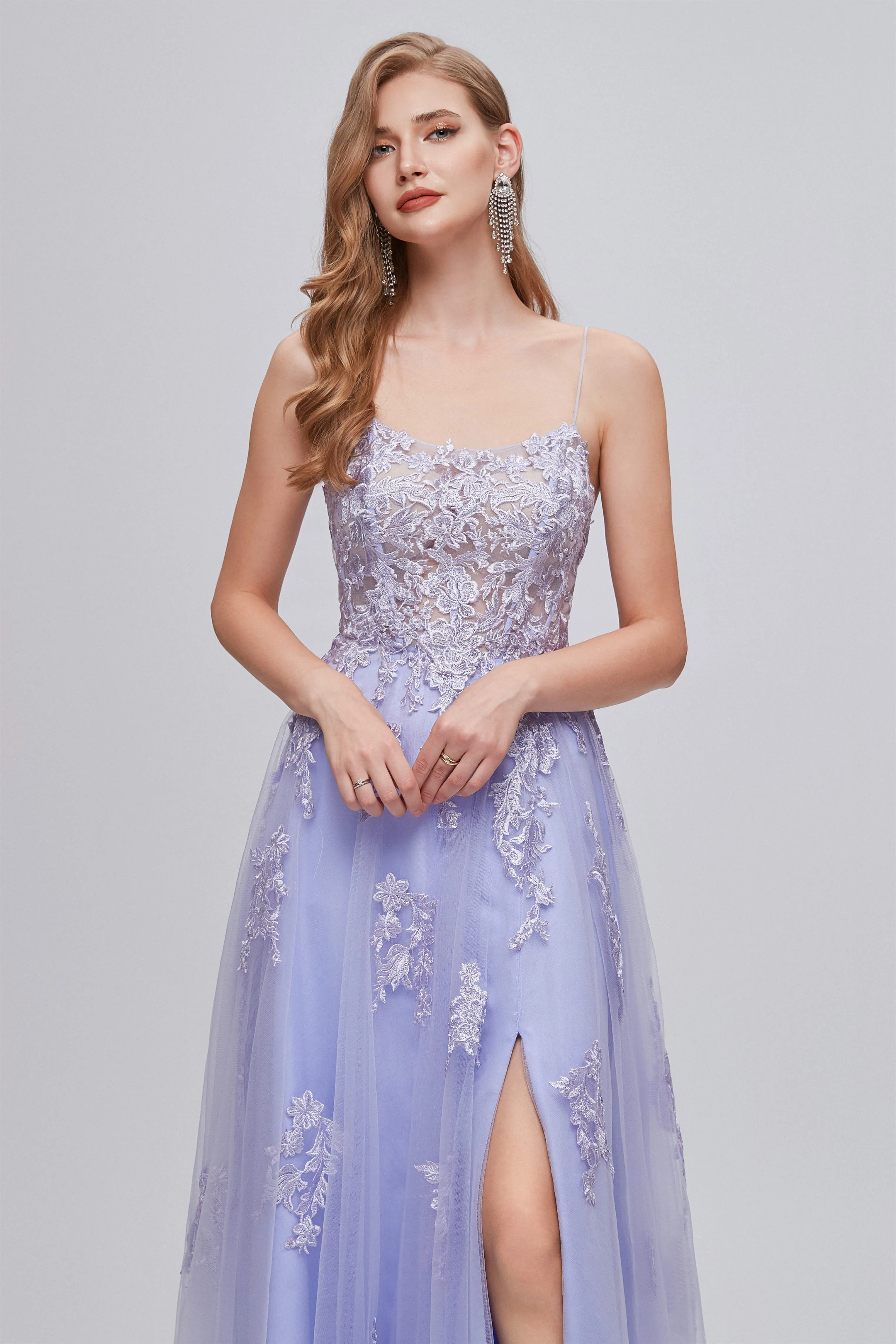 Lilac Appliques Lace-Up A-Line Long Prom Dresses with Slit