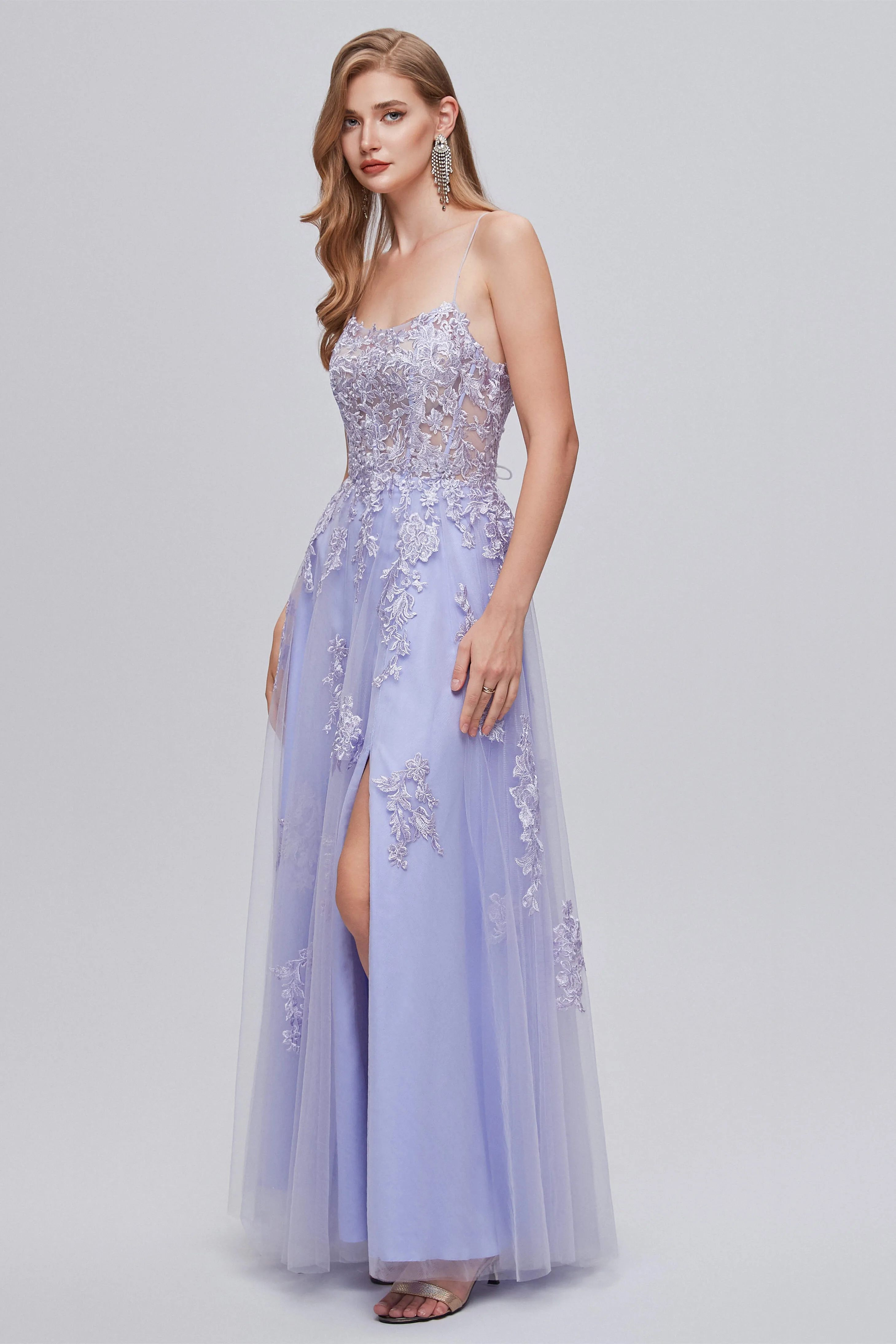 Lilac Appliques Lace-Up A-Line Long Prom Dresses with Slit