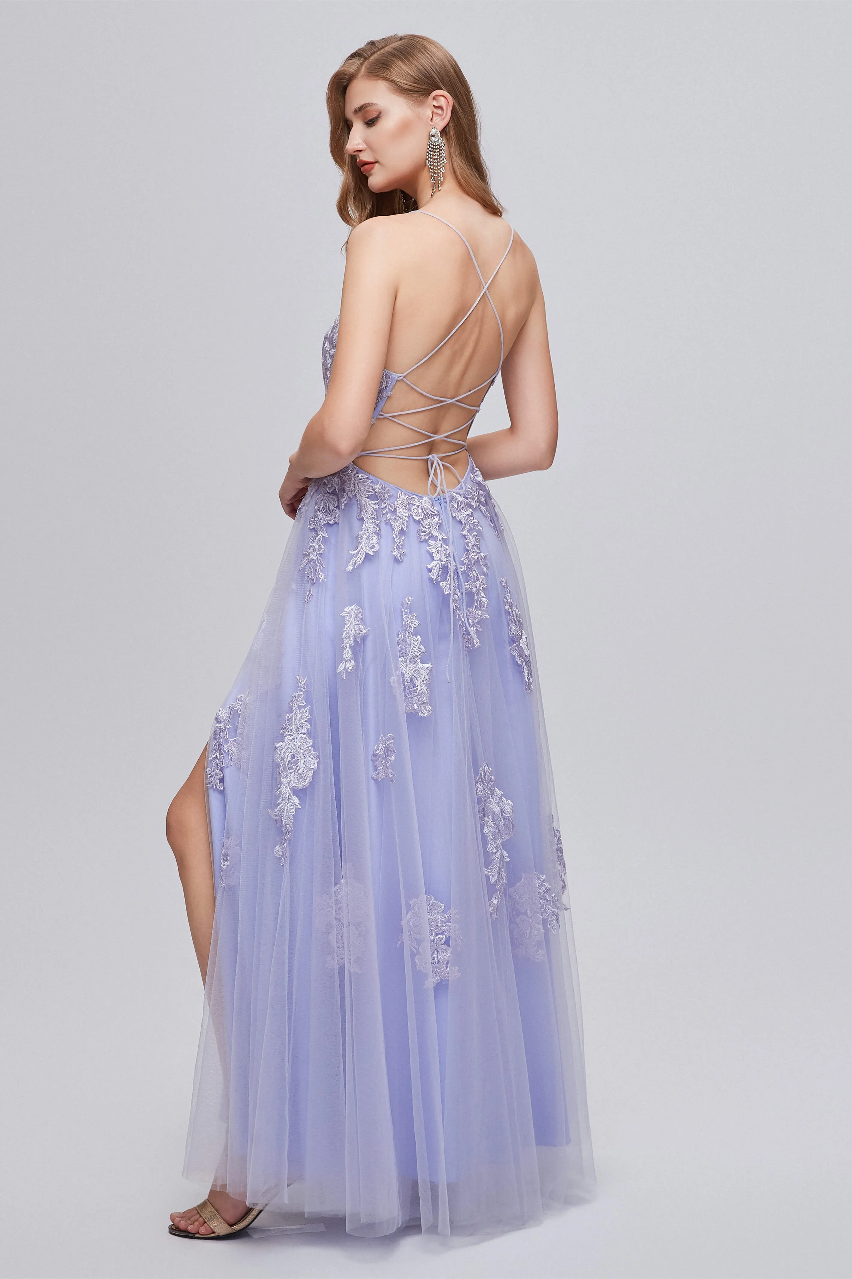 Lilac Appliques Lace-Up A-Line Long Prom Dresses with Slit