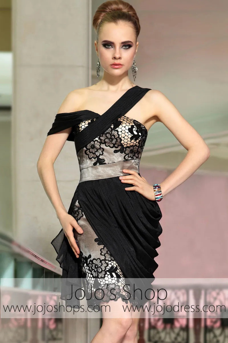 Little Black One Shoulder Lace Party Cocktail Evening Formal Dress DQ86055