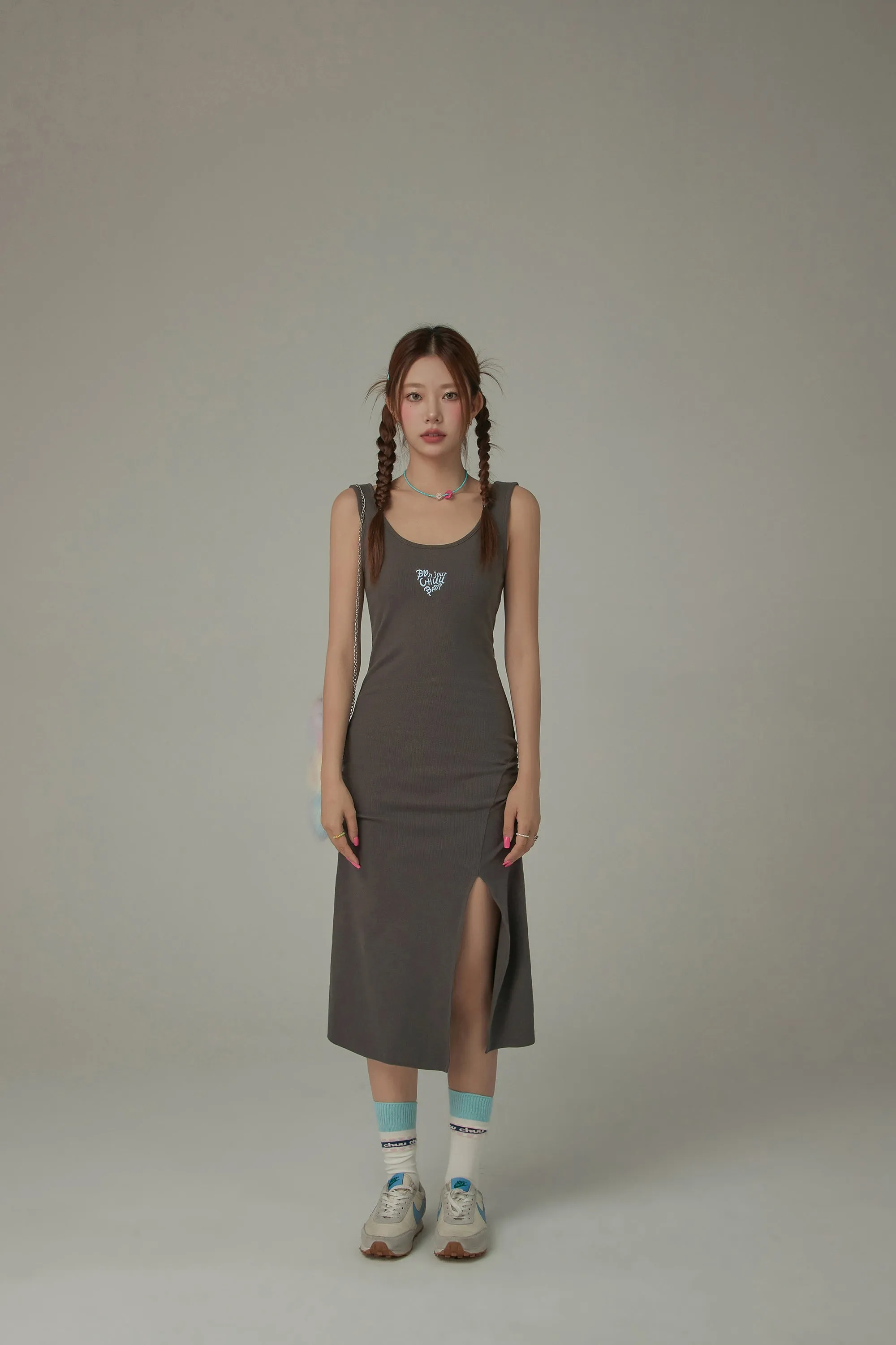 Logo Slit Sleeveless Slim Dress