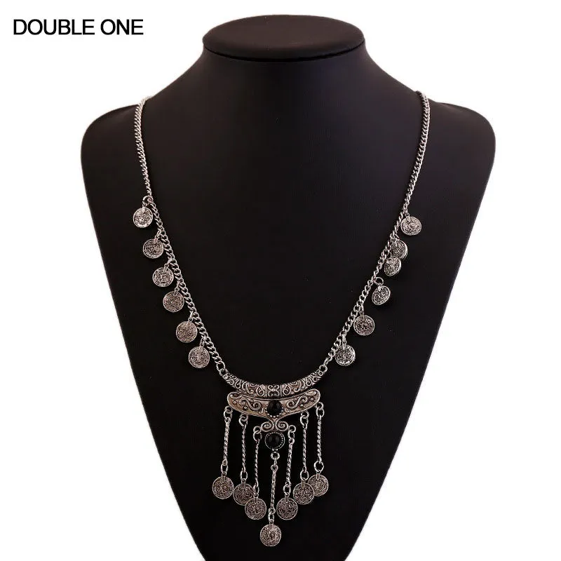 Long Silver Gypsy Coins Necklace Choose Black Or Turquoise Stones Coin Adorned Chain And Coined Fringe Dangles Great For Free Fun Festival People