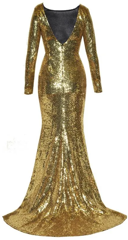 Long-Sleeve Sequin-Embellished Gown, Gold