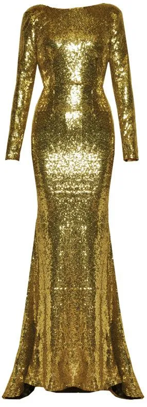 Long-Sleeve Sequin-Embellished Gown, Gold