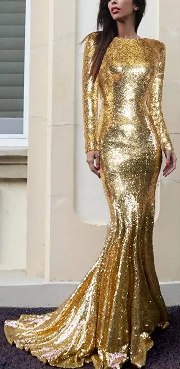 Long-Sleeve Sequin-Embellished Gown, Gold