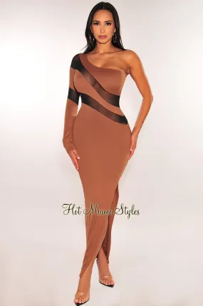 Mocha Black Mesh One Sleeve Slit Midi Dress