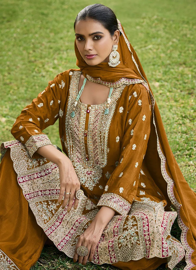 Mustard Yellow Multi Embroidery Sharara Style Suit