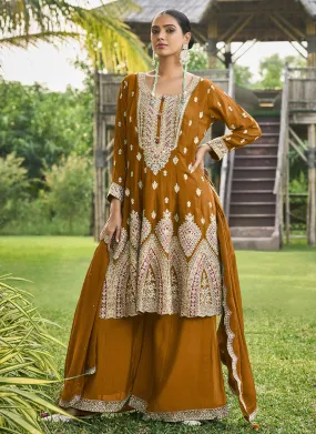 Mustard Yellow Multi Embroidery Sharara Style Suit