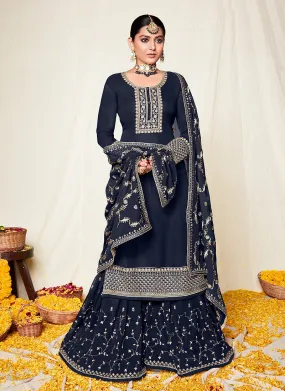 Navy Blue Zari Embroidered Georgette Palazzo Suit