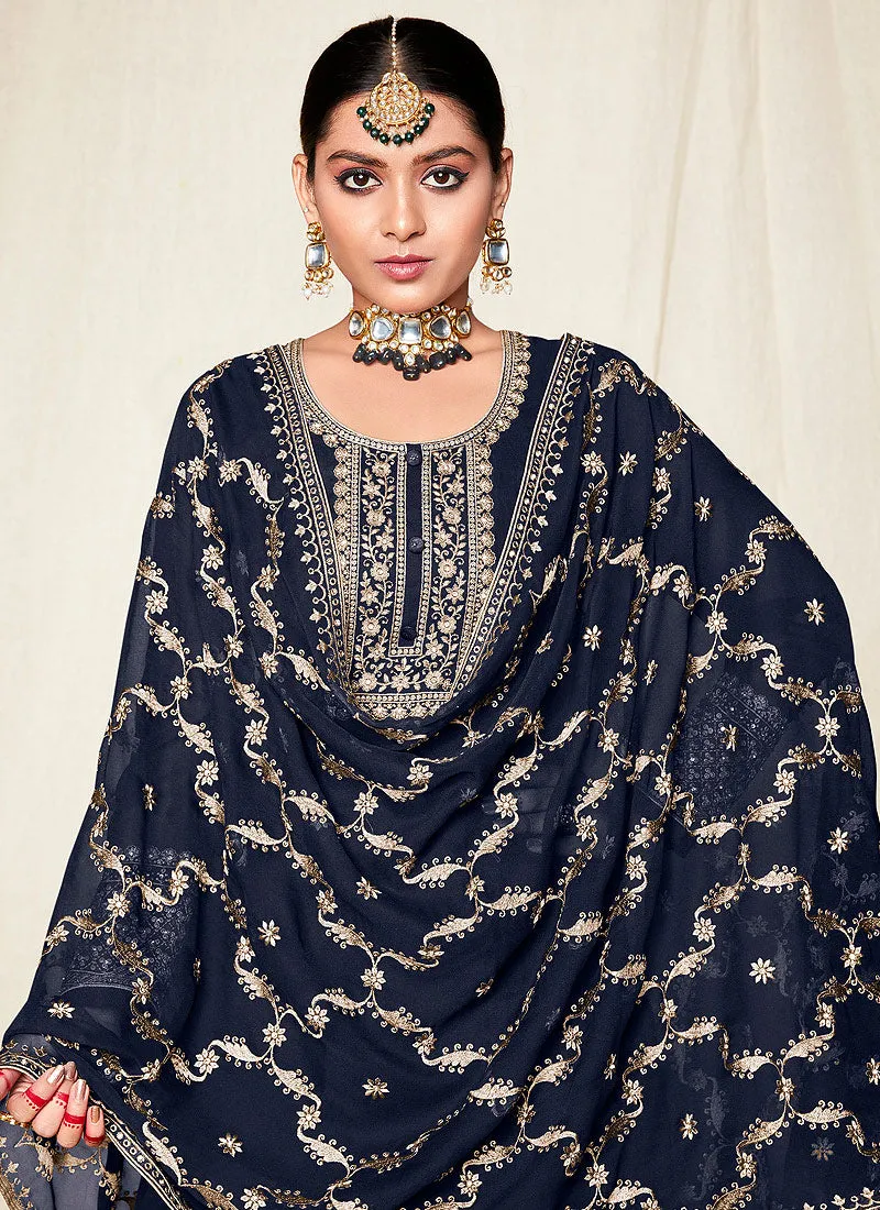 Navy Blue Zari Embroidered Georgette Palazzo Suit