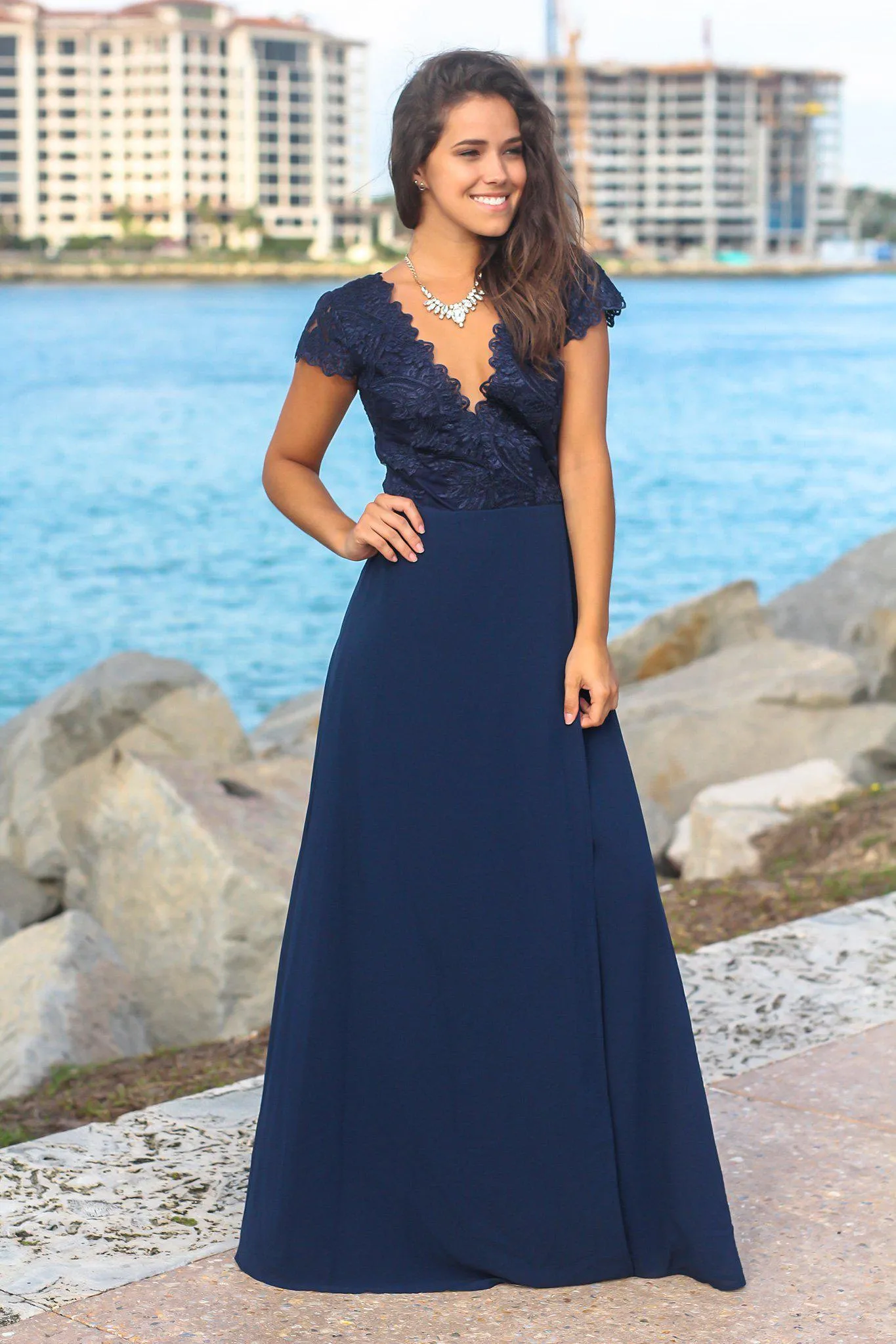 Navy Short Sleeve Maxi Dress with Embroidered Top and Slit