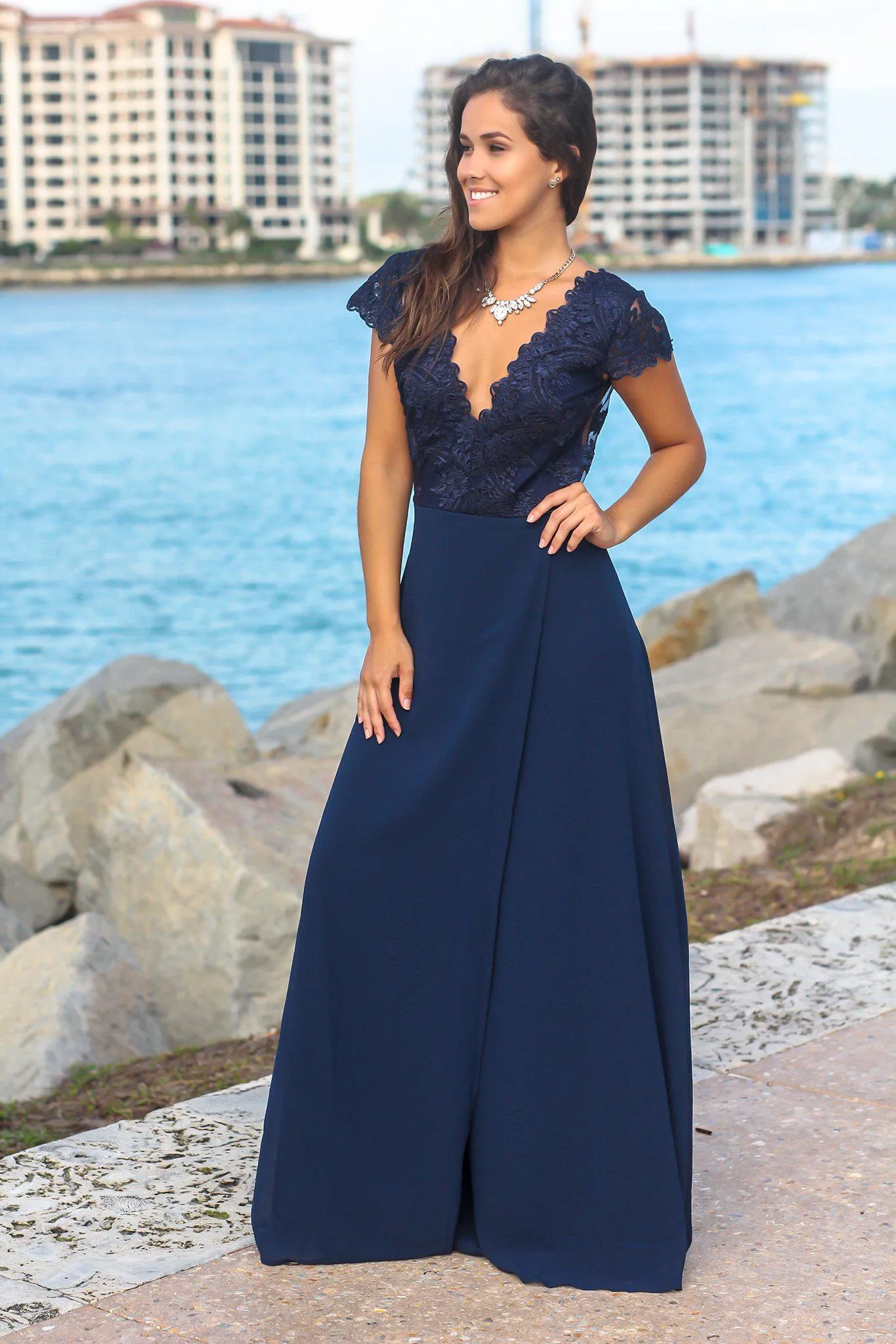 Navy Short Sleeve Maxi Dress with Embroidered Top and Slit