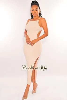 Nude Ribbed Spaghetti Strap Open Back Slit Midi Dress