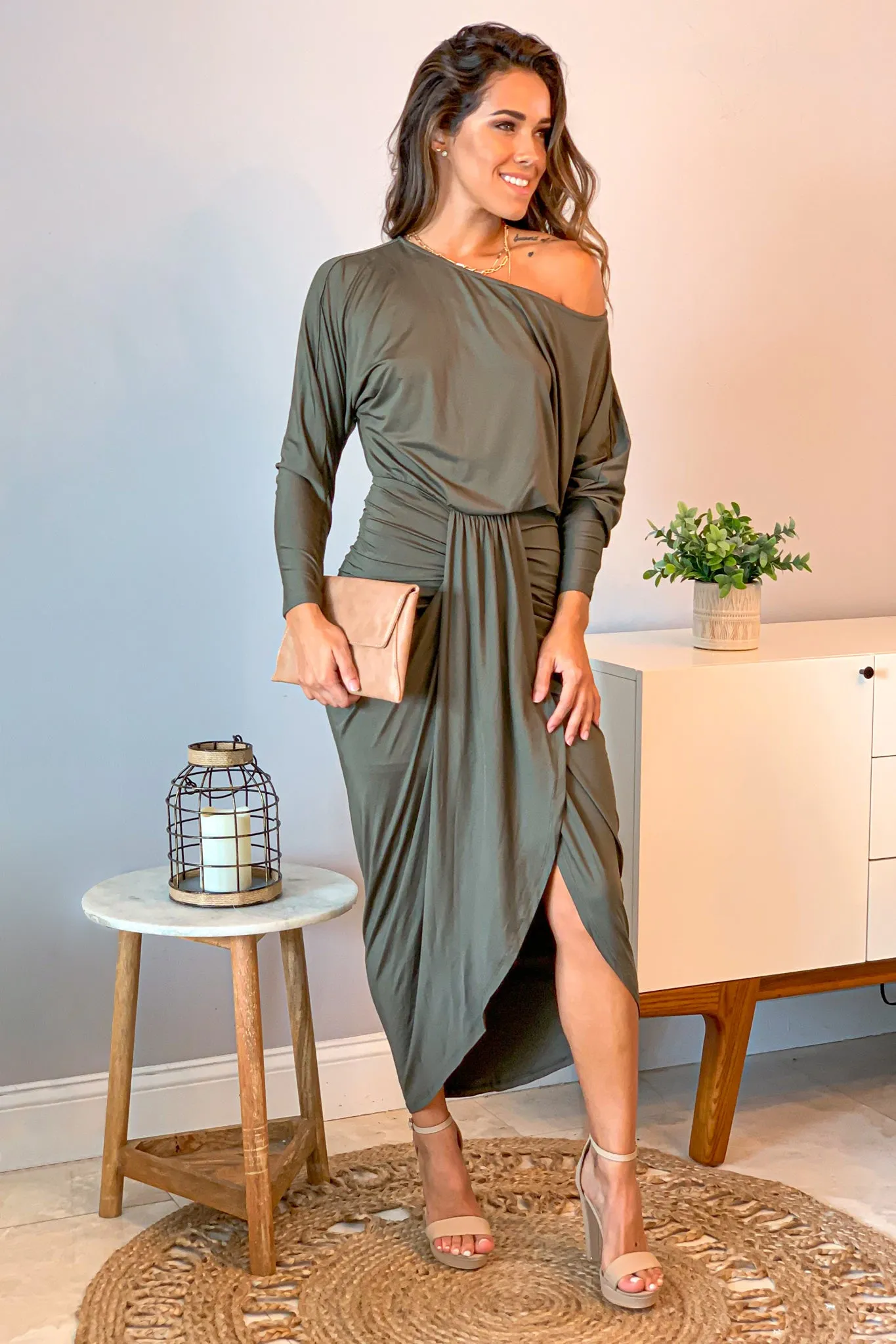 Olive One Shoulder Ruched Dress