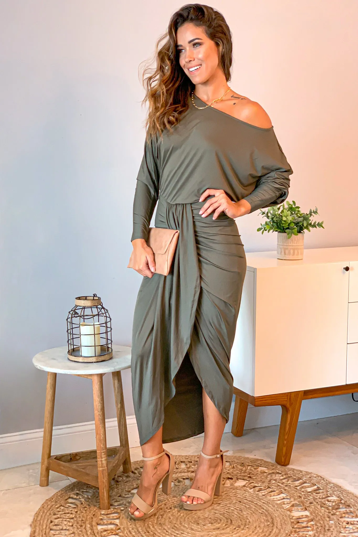 Olive One Shoulder Ruched Dress