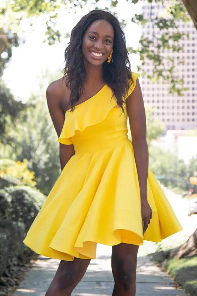 One Shoulder Yellow Satin Ruffled Above Knee Short Prom Dresses Formal Dresses H1207