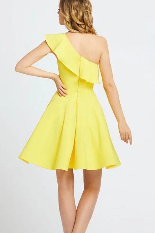 One Shoulder Yellow Satin Ruffled Above Knee Short Prom Dresses Formal Dresses H1207