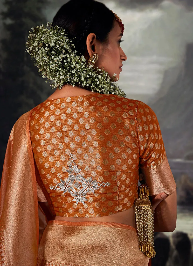 Orange Golden Crystal Stone Embellished Brocade Silk Saree