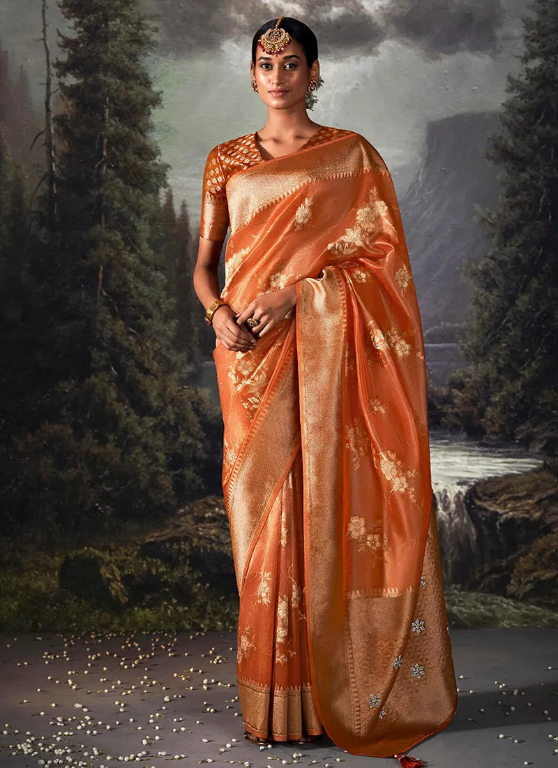 Orange Golden Crystal Stone Embellished Brocade Silk Saree