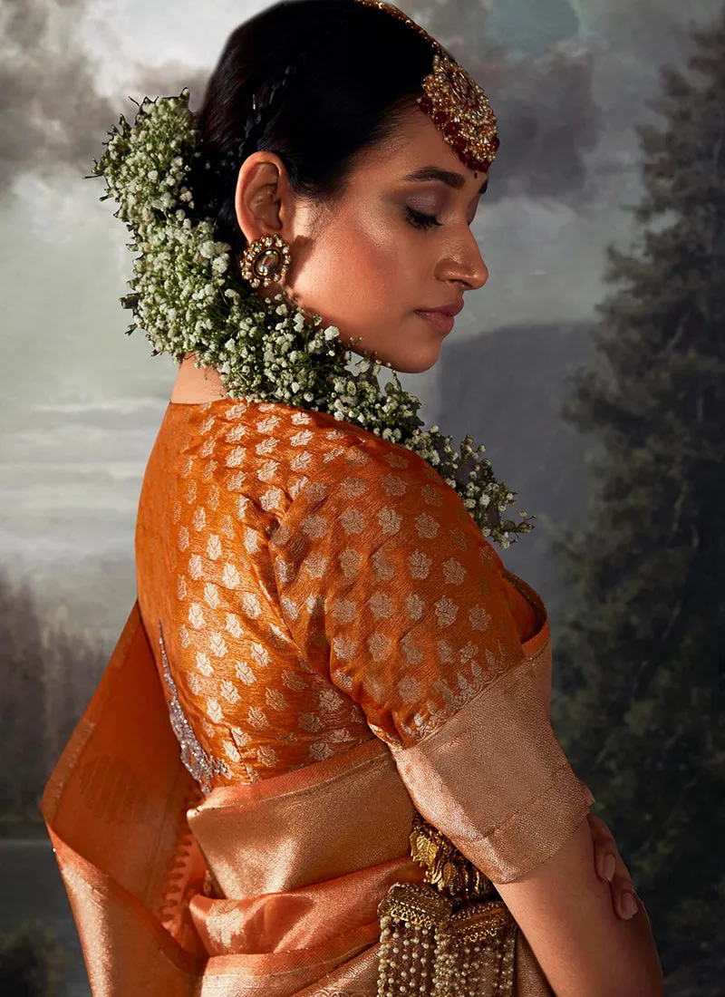 Orange Golden Crystal Stone Embellished Brocade Silk Saree