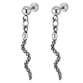 Pair Stainless Steel Screw Stud Earrings with Dangling Snake for Men Women, Screw Back