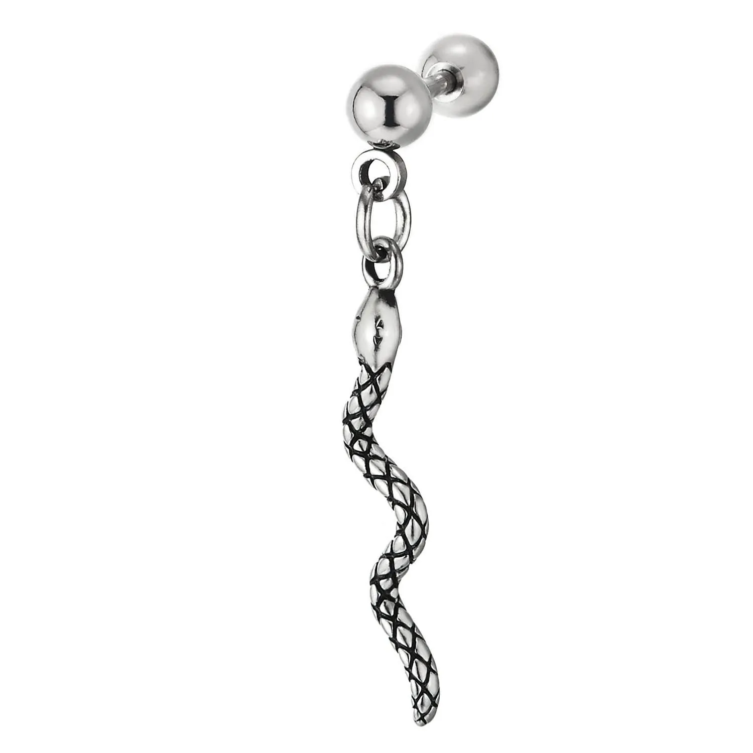 Pair Stainless Steel Screw Stud Earrings with Dangling Snake for Men Women, Screw Back