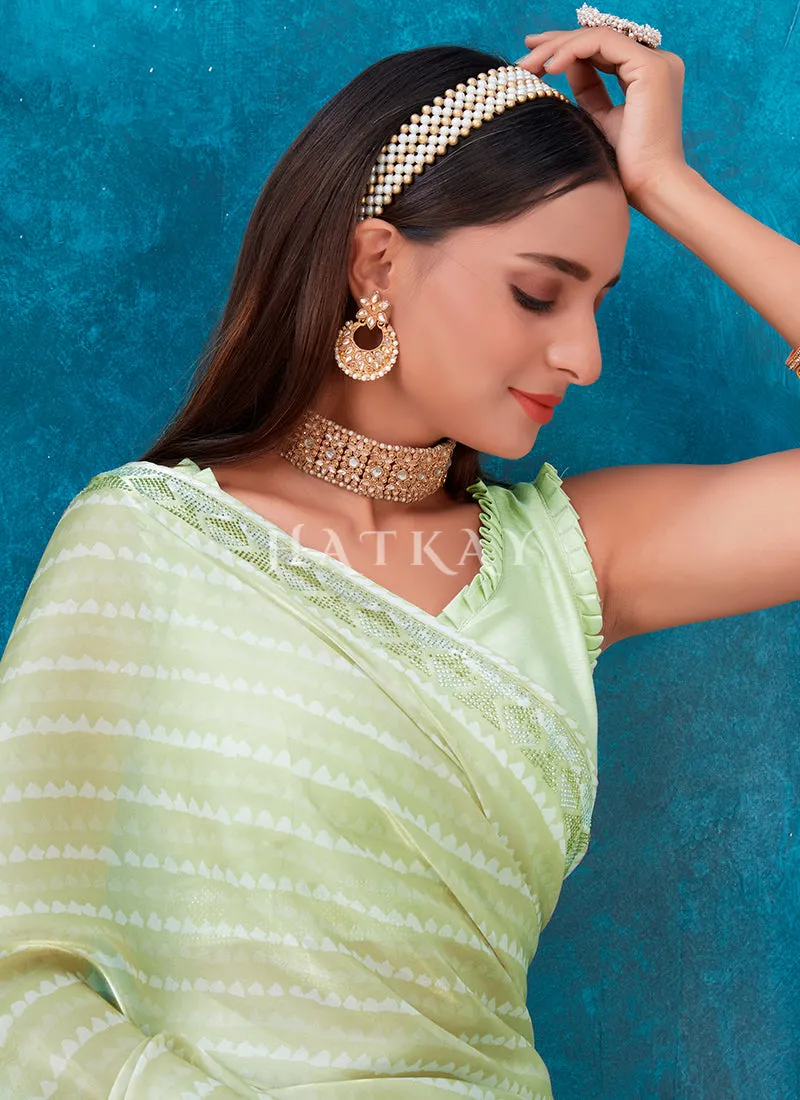 Pale Green Crystal Stone Work Embroidery Silk Saree