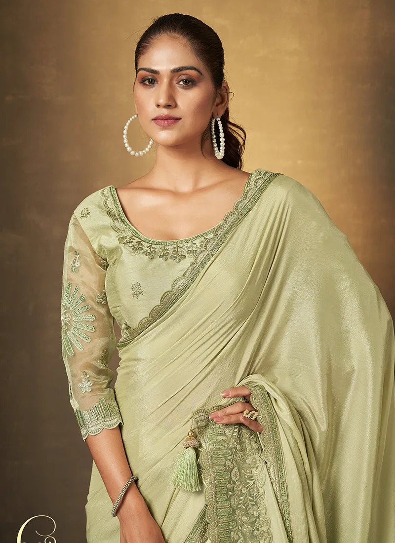 Pale Green Traditional Embroidery Festive Saree