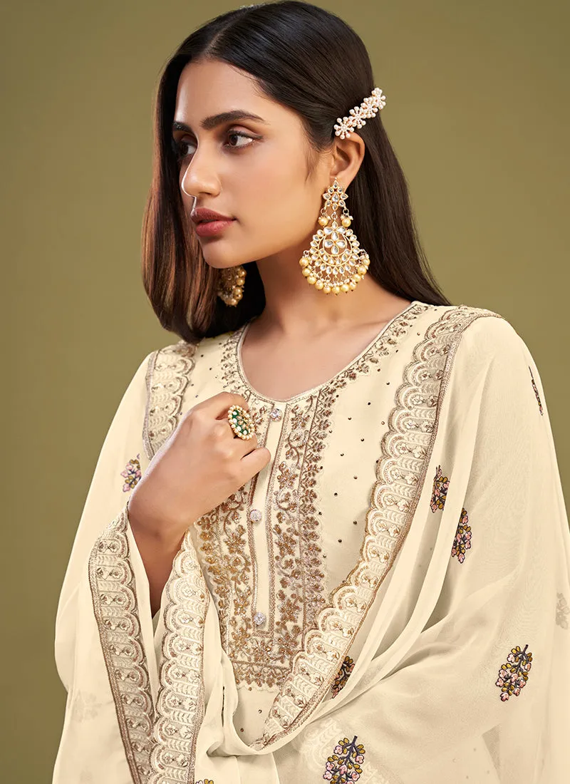 Pale Yellow Thread Embroidery Pakistani Style Pant Suit