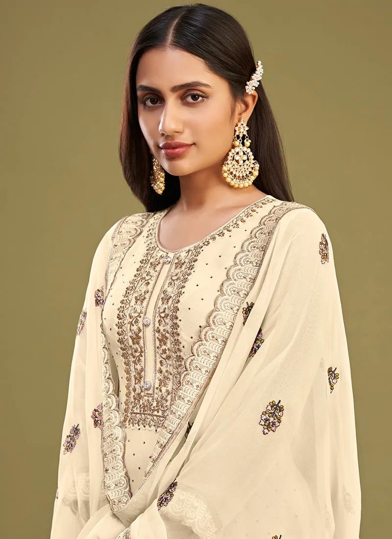 Pale Yellow Thread Embroidery Pakistani Style Pant Suit