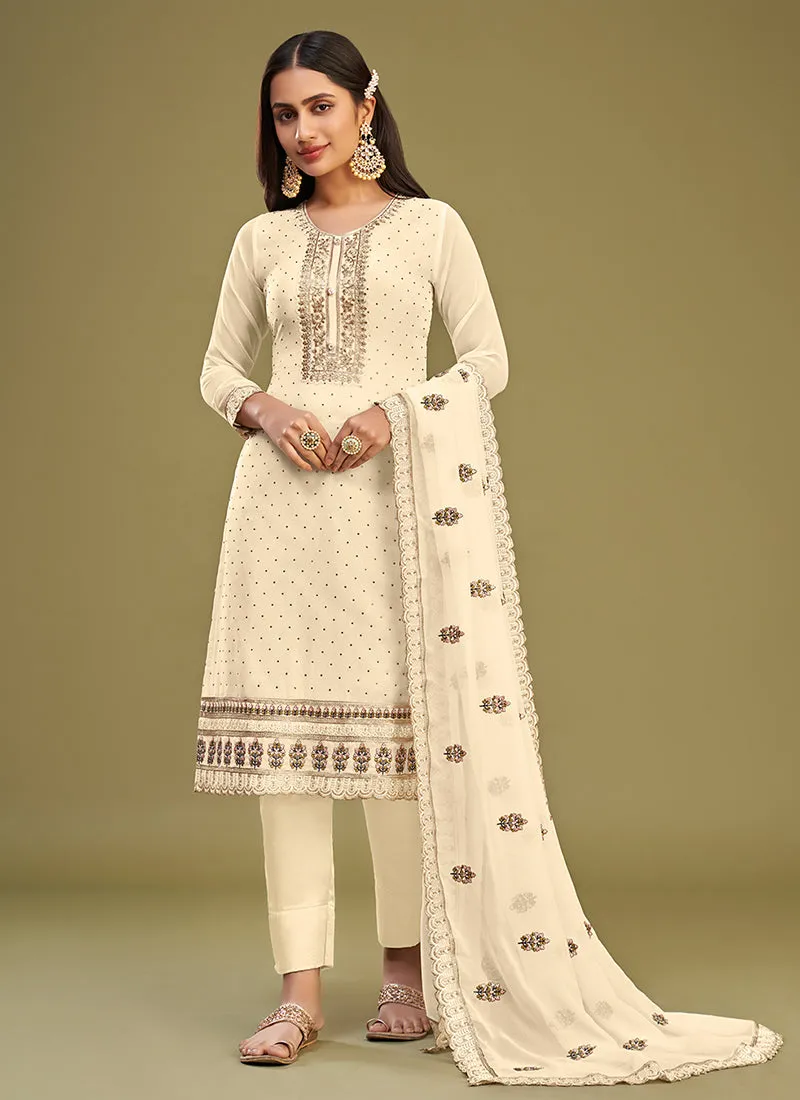 Pale Yellow Thread Embroidery Pakistani Style Pant Suit