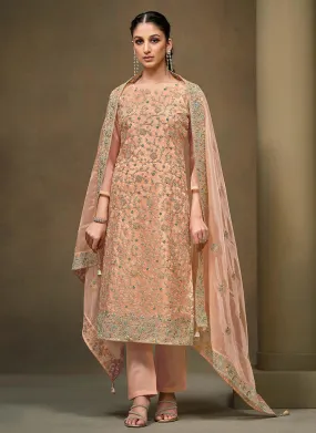 Pastel Orange Multi Embroidered Pakistani Pant Style Suit