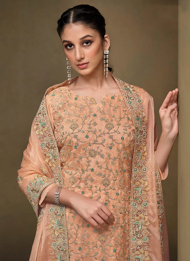 Pastel Orange Multi Embroidered Pakistani Pant Style Suit