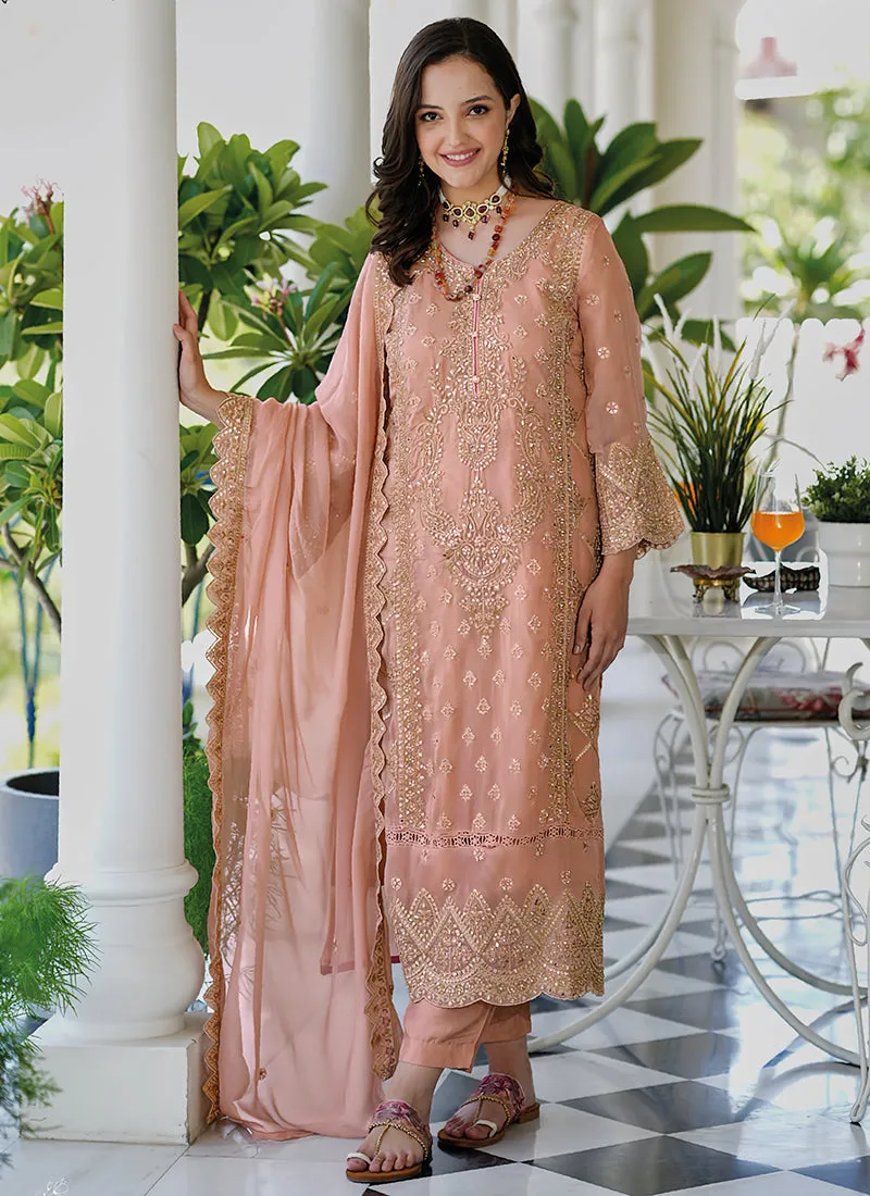 Peach Embroidery Traditional Pant Style Suit