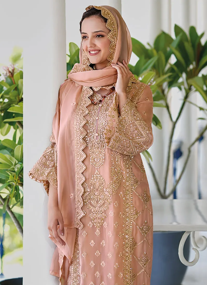 Peach Embroidery Traditional Pant Style Suit