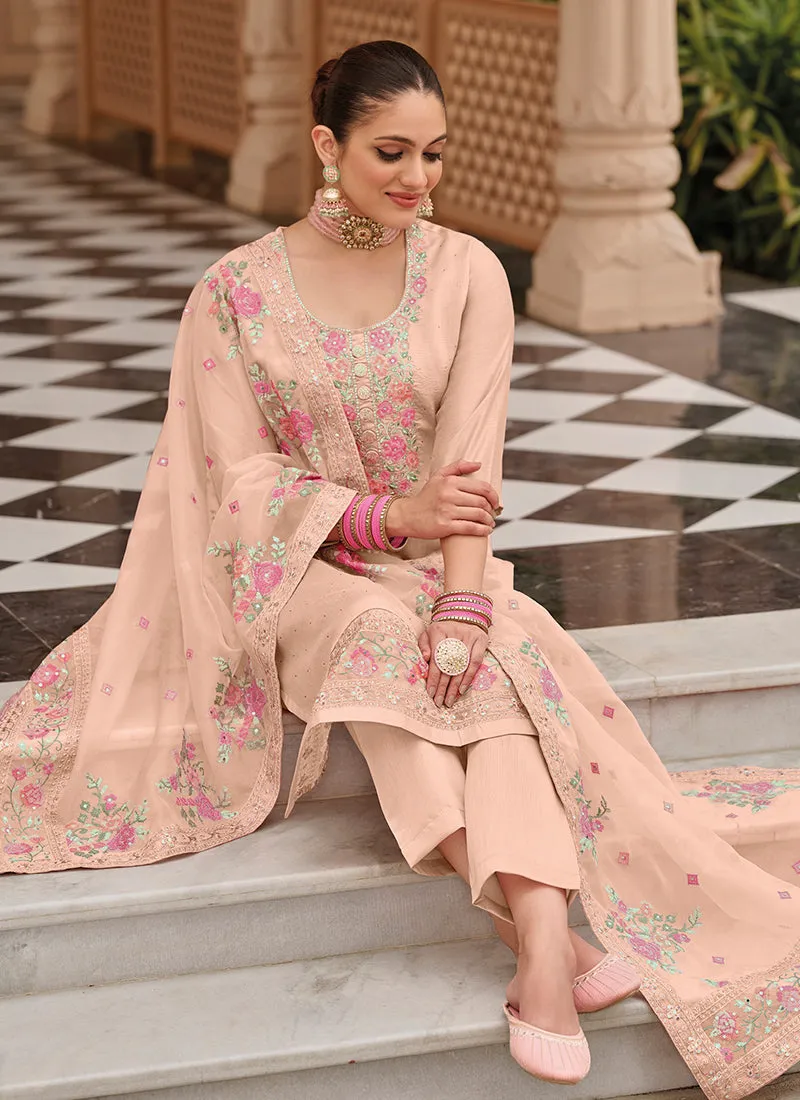 Peach Multi Embroidery Traditional Silk Salwar Kameez