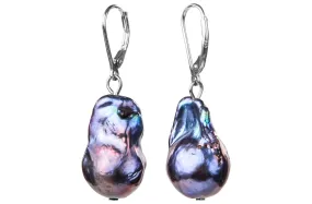 Peacock Blue Cultured Freshwater Baroque Pearl Drop Earring in Sterling Silver Lever Back 14x20mm