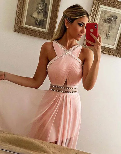 Pink Chiffon Modest Cross Neck Long Prom Dresses Evening Dresses With Beading, SP572