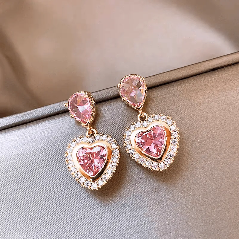 Pink Elegant Dangling Heart Earrings