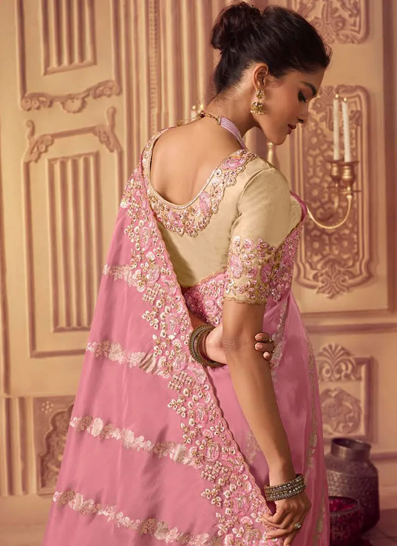 Pink Golden Sequence Embroidered Wedding Saree