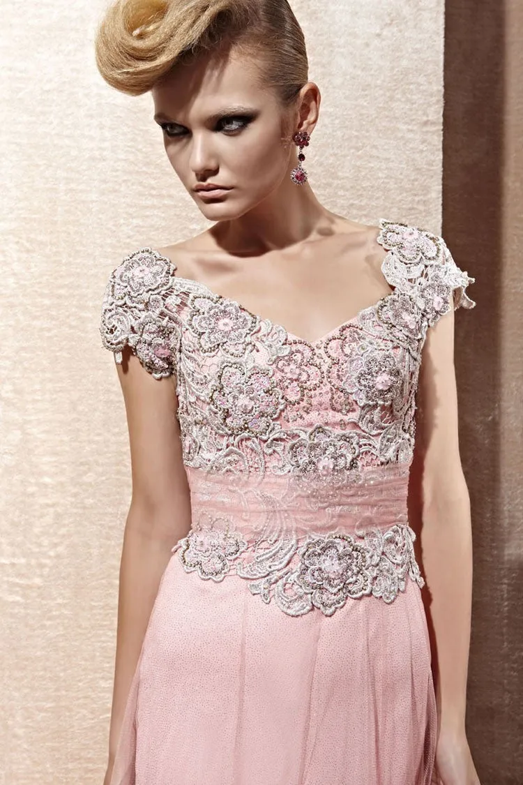 Pink Short Sleeves Tulle Lace Applique Evening Gown CX880965