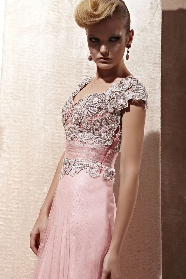 Pink Short Sleeves Tulle Lace Applique Evening Gown CX880965