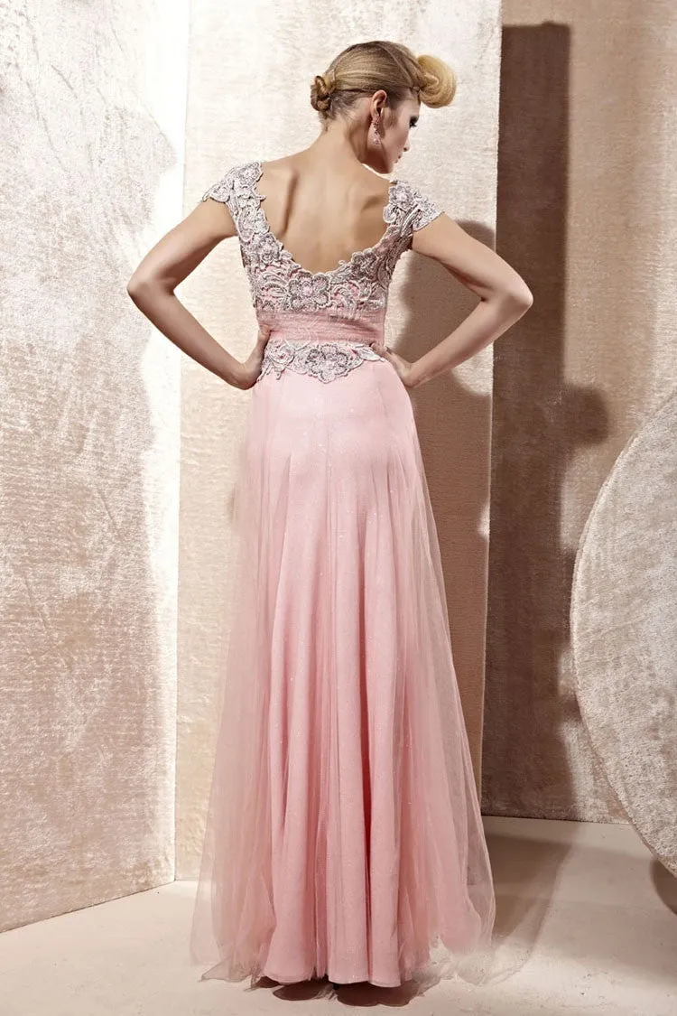 Pink Short Sleeves Tulle Lace Applique Evening Gown CX880965