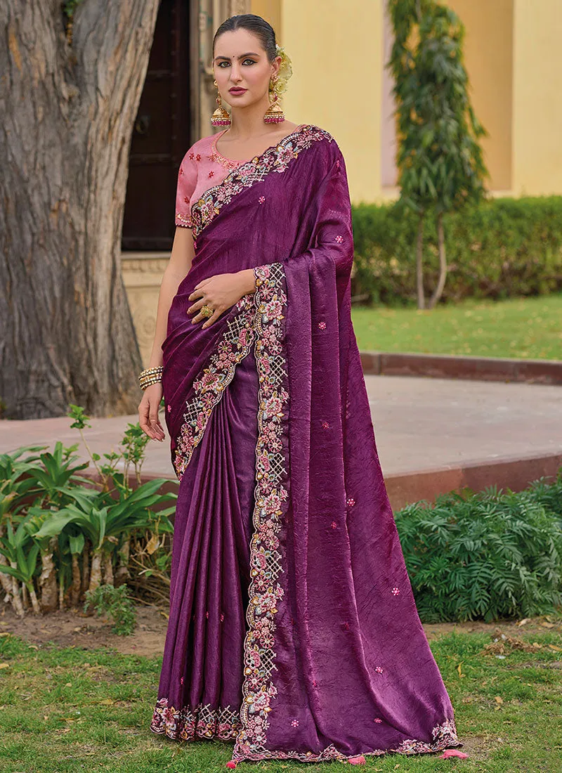 Plum And Pink Multi Embroidery Wedding Organza Silk Saree