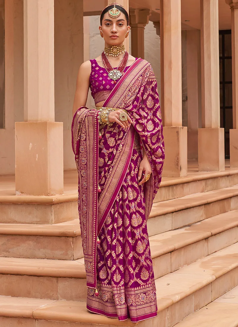 Plum Purple Crystal Stone Brasso Saree