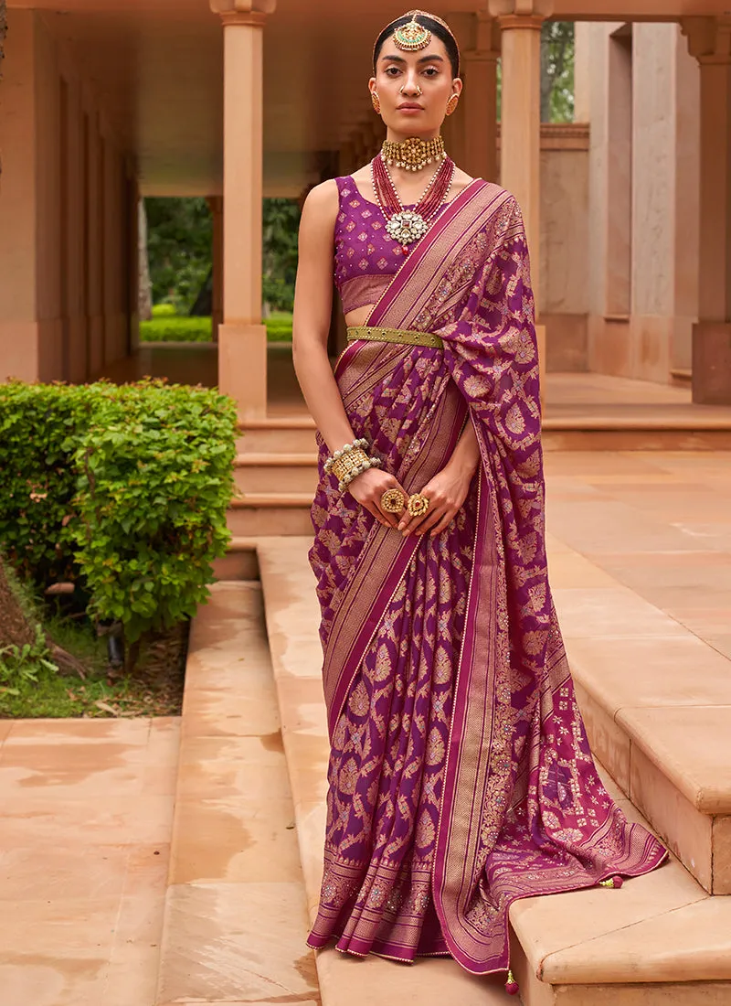 Plum Purple Crystal Stone Brasso Saree