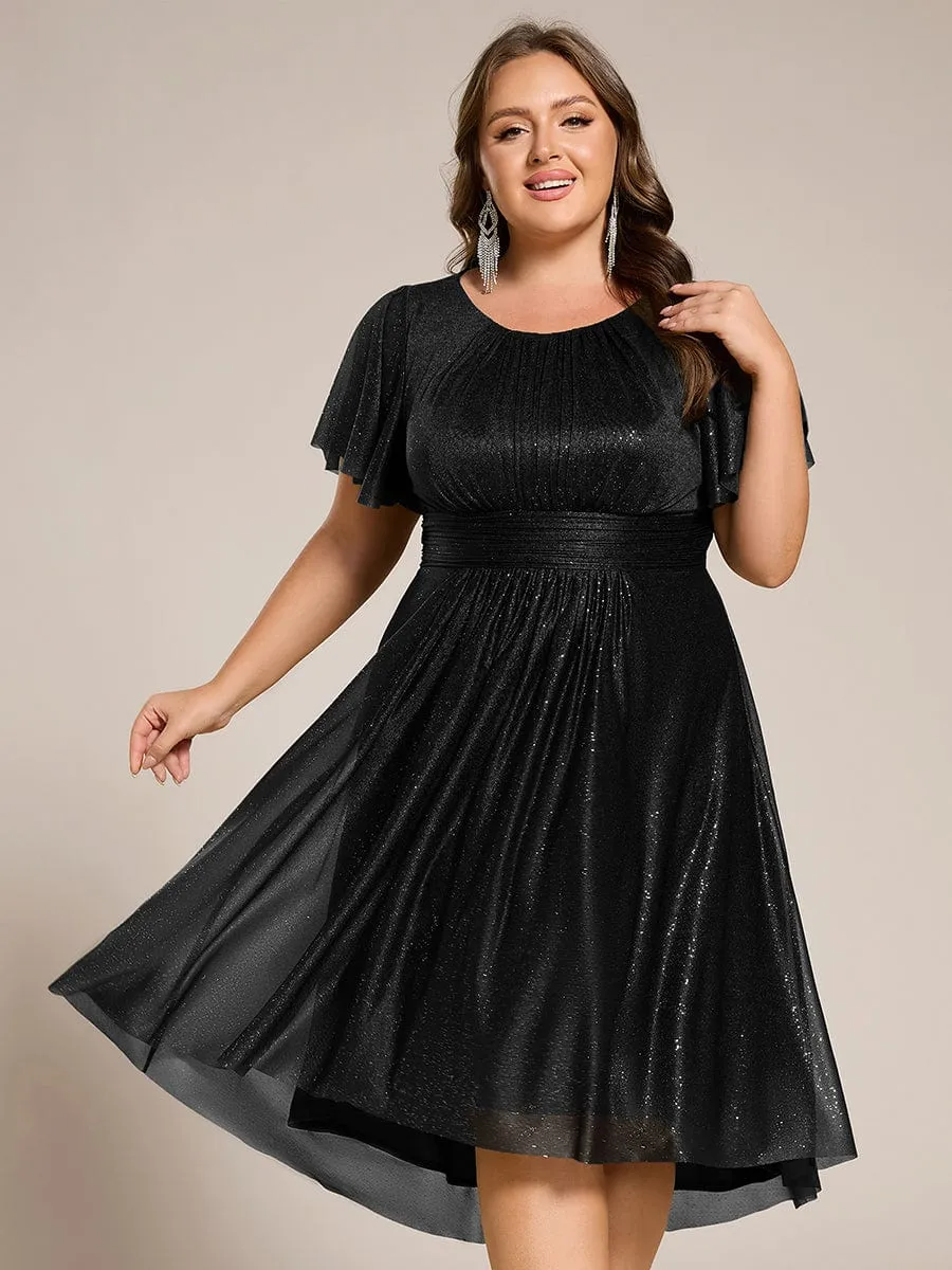 Plus Size Sequin Round Neck Asymmetrical Midi Wedding Guest Dress