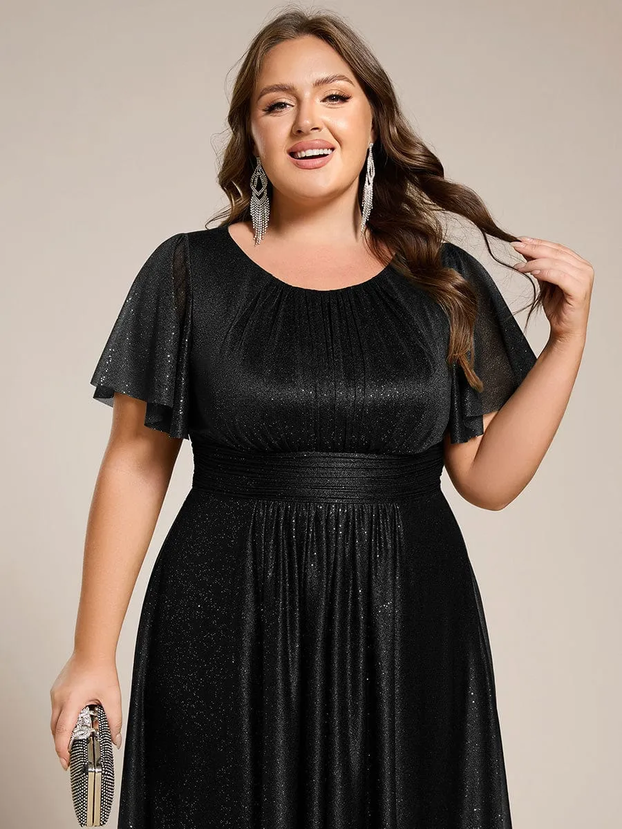 Plus Size Sequin Round Neck Asymmetrical Midi Wedding Guest Dress